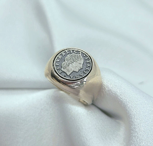 Sterling Silver 50 Lire Italian Coin Men's Signet Ring