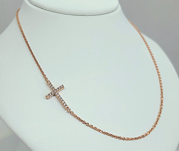 18kt. Rose Gold Cubic Zirconia Double Sided Sideways Cross Necklace
