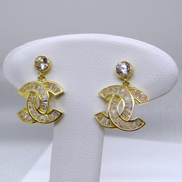 10kt. Yellow Gold Chanel Dangle Earrings with Baguette Cubic Zirconias