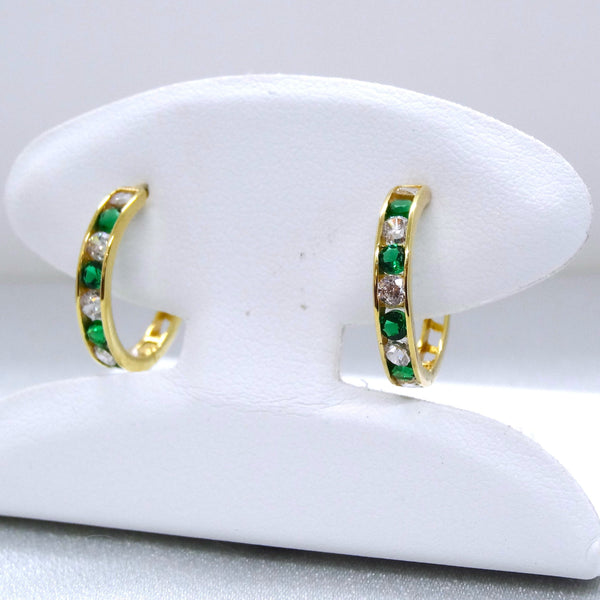 10kt. Yellow Gold Cubic Zirconia and Synthetic Emerald Hinged Hoop Earrings