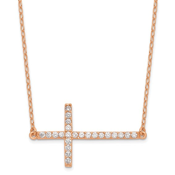Sterling Silver Rose-tone Cubic Zirconia Sideways Cross Necklace
