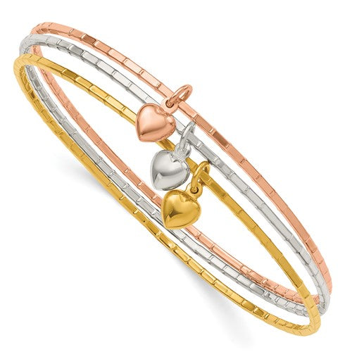 Sterling Silver/ Gold-tone/Rose-tone Puffed Heart Bangle Set