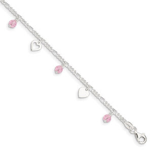 Sterling Silver Pink Glass Beads and Polished Hearts Anklet