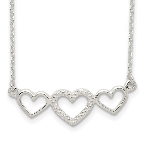 Sterling Silver Polished/Textured 3 Heart Necklace