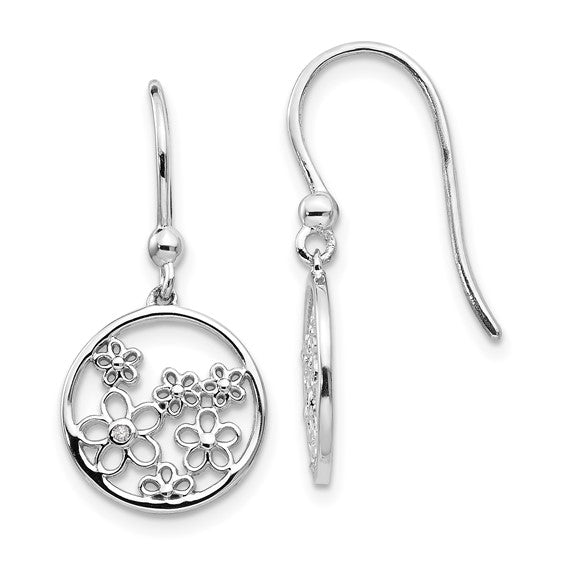 Sterling Silver & Diamond Flower Shepherd Hook Earrings