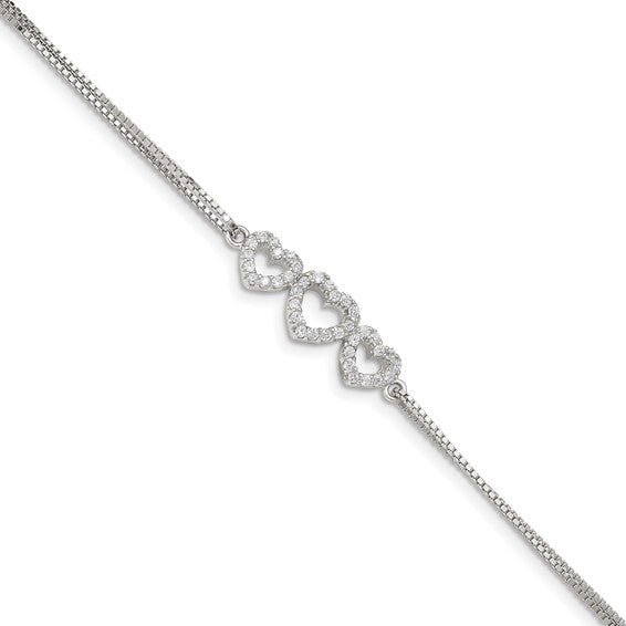 Sterling Silver Polished Cubic Zirconia 3 Heart Bracelet