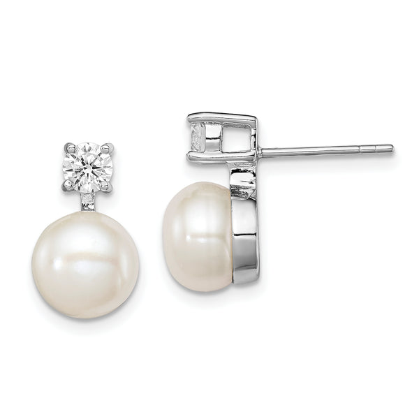 Sterling Silver White FWC Pearl CZ Post Earrings